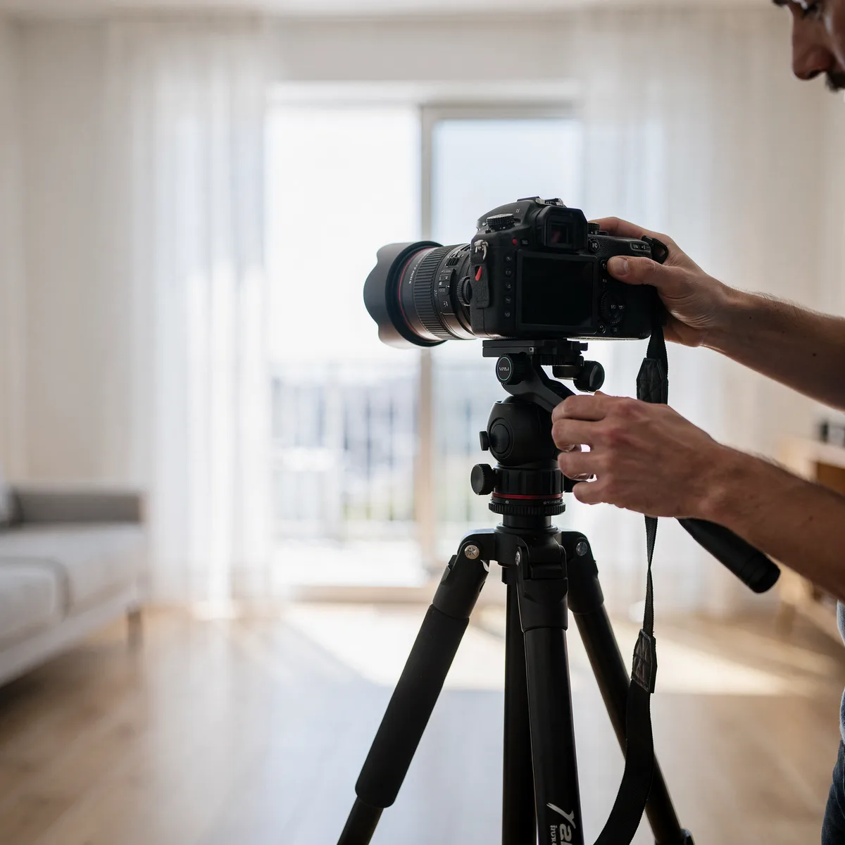 Fotograf ustawia aparat na statywie w salonie przygotowanym do sesji zdjęciowej oferty
